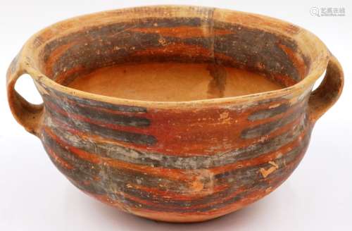 A Neolithic period terracotta bowl, having twin ring handles...