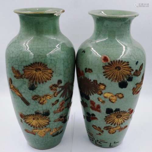 A pair of celadon glazed vases, each decorated with enamels ...