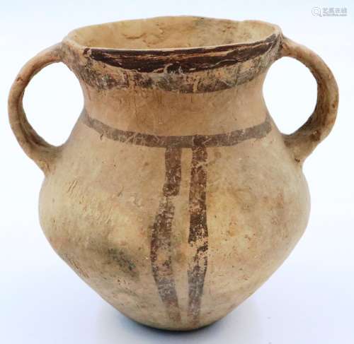 A Neolithic period vessel, twin handles and of urn form, wit...