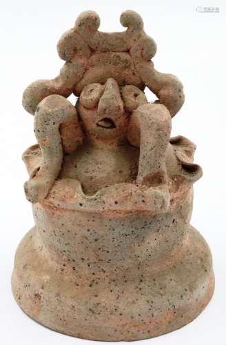 A Song Dynasty terracotta jar cover, with applied grotesque ...