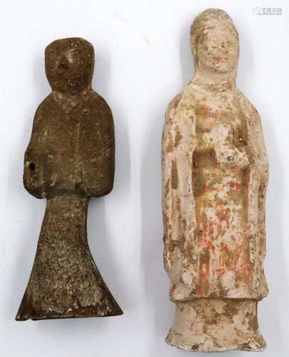 Two Tang Dynasty terracotta guardians, each of a standing fi...