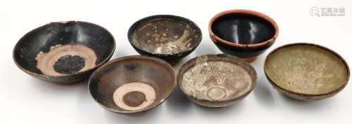Six Song Dynasty glazed bowls, largest D: 15 cm, H: 5 cm. Ea...