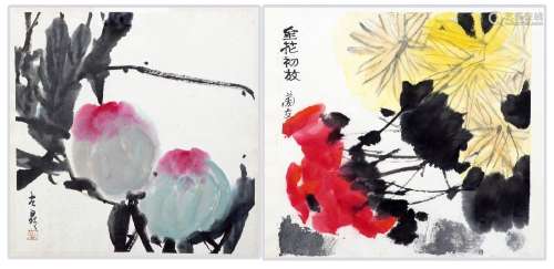 Chine, XXe siècleLot de deux encre et couleur sur papierFleu...
