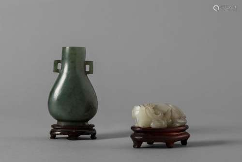A white jade Qilin and an hardstone two-handled small vase. ...