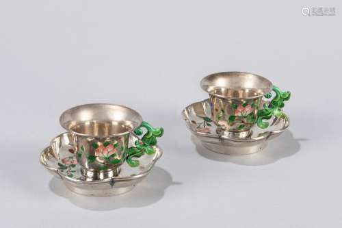 A pair of enameled silver cups. China, 20th century