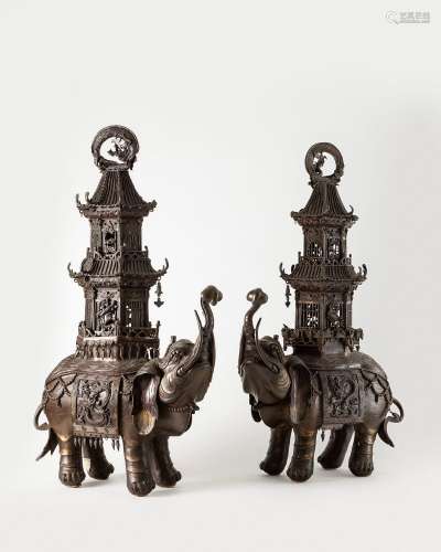 A pair of large bronze elephant-shaped censers. China, 19th ...