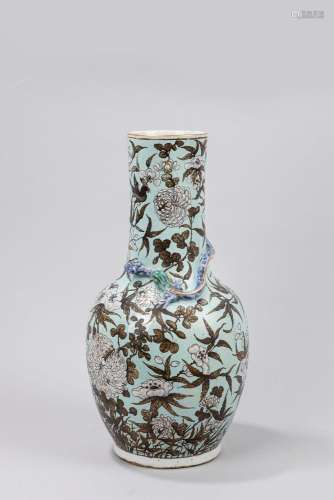 A turquoise ground porcelain vase with flower decoration. Ch...