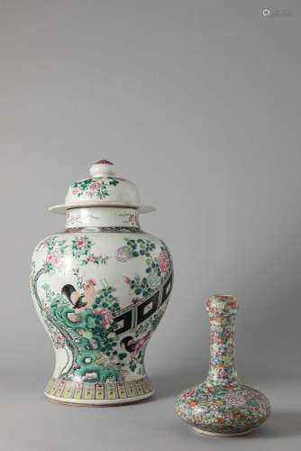 A famille Rose porcelain vase and a millefleur-ground vase. ...