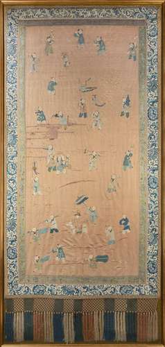 A large embroidered silk panel. China, 19th century (defects...