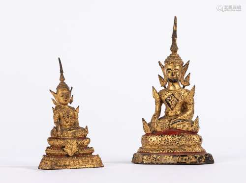 Two gilt bronzes seated Buddha. Thailand, Rattanakosin pedio...
