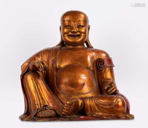 A very large carved wood Budai. China, Qing dynasty (1644-19...