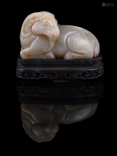 A Chinese pale celadon jade ram