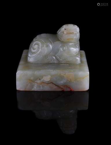 A Chinese celadon and russet jade 'Forever Sons' seal
