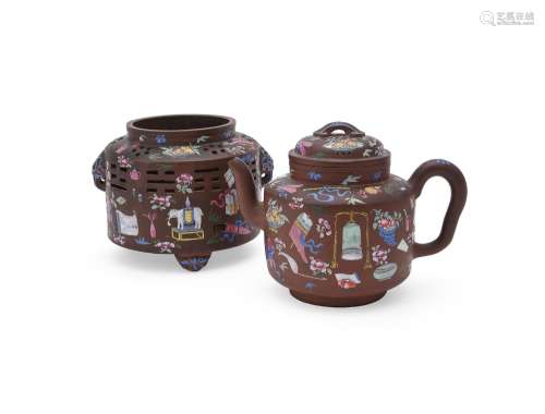 A Chinese enamelled yixing teapot and warmer