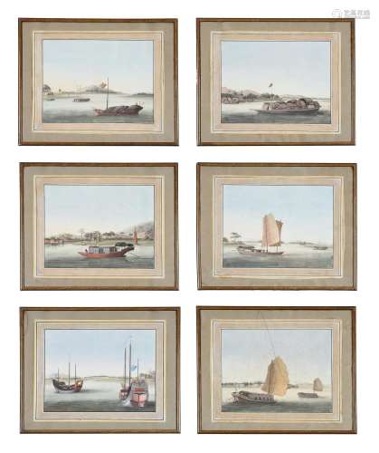 A set of six Chinese Export paintings of Junks and Sampans