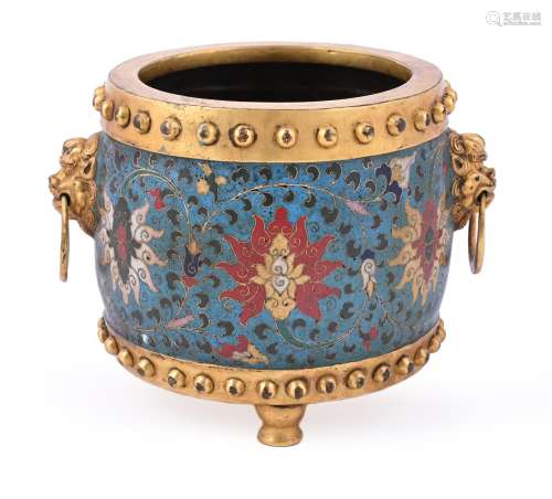 A Chinese cloisonne drum-shaped tripod censer