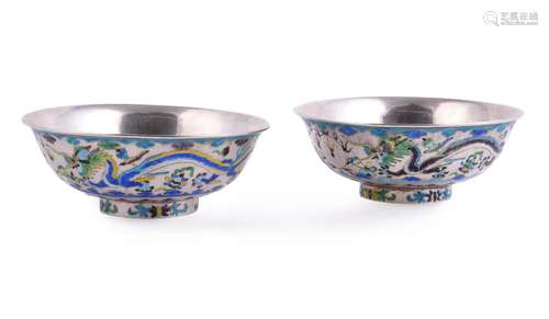 A good pair of Chinese silver and enamel 'Dragon' bowls