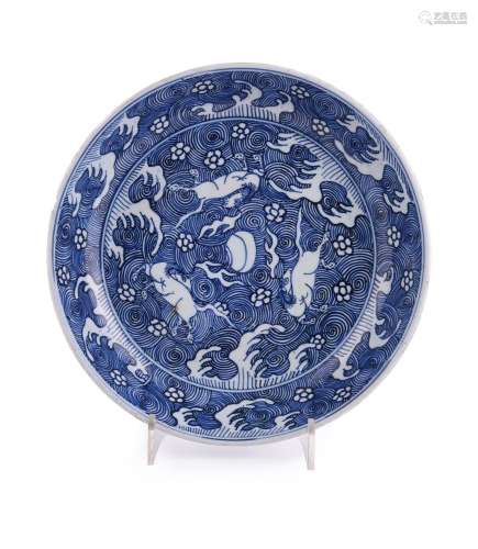 A Chinese blue and white 'Galloping Horses' dish