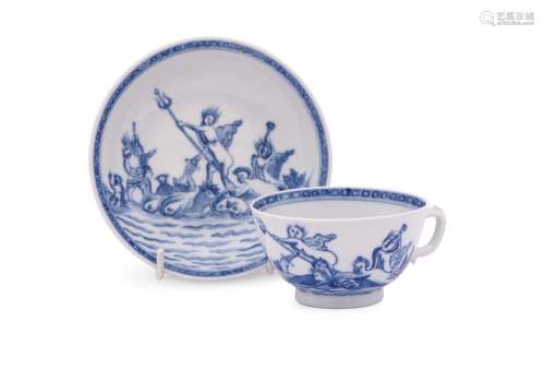 A rare Chinese blue and white cup and saucer with a scene fr...