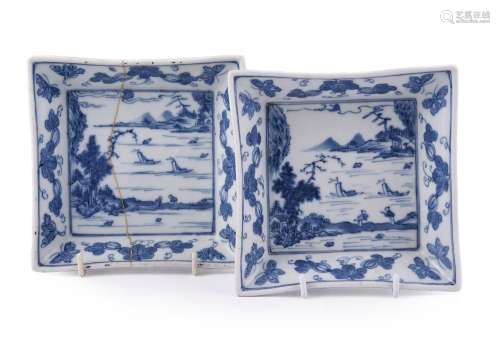 A pair of Chinese blue and white square 'landscape' dishes