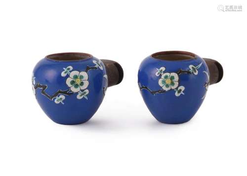 A pair of Chinese enamelled yixing bird feeders