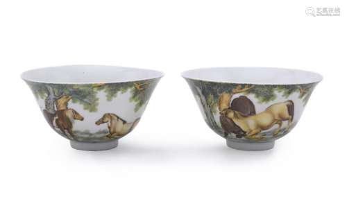 A pair of Chinese famille rose 'Horses' bowls