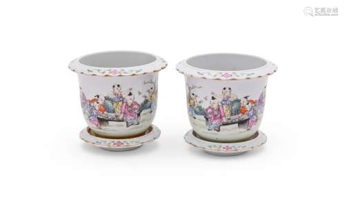 A pair of Chinese Famille Rose 'boys' small jardinières and ...
