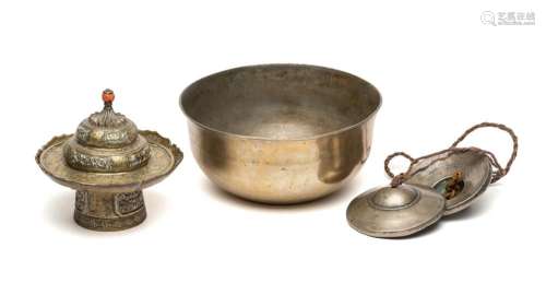 THREE TIBETAN BRASS OBJECTS