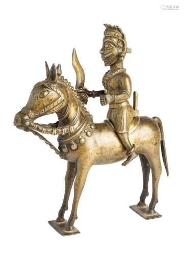 A BRASS FIGURE OF KHANDOBA ON HIS HORSE
