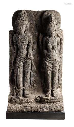 A JAVANESE VOLCANIC STONE RELIEF DEPICTING BRAHMA AND SARASW...