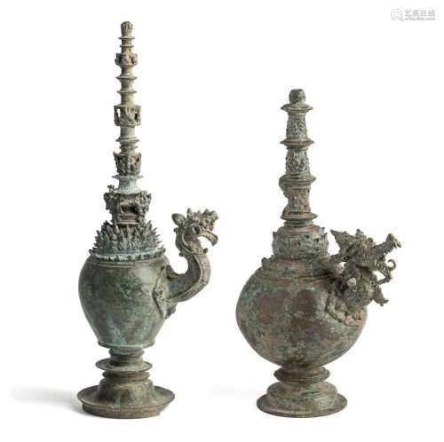 TWO BRONZE HOLY WATER (AMRTA) EWERS