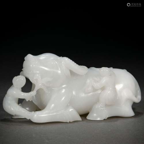 A Chinese Carved White Jade Kid with Buffalo