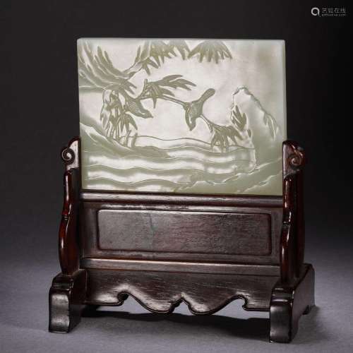 A Chinese Carved White Jade Table Screen