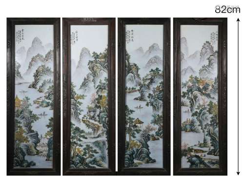 A Set of Four Chinese Famille Rose Landscape Porcelain Panel...