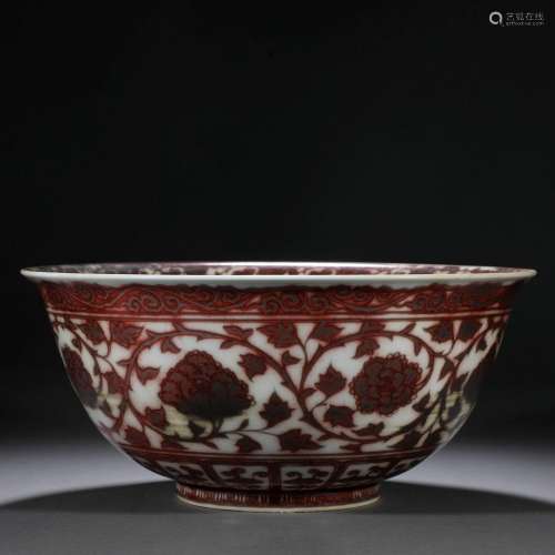 A Chinese Copper Red Lotus Scrolls Bowl
