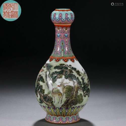 A Chinese Famille Rose Cranes and Deer Garlic Head Vase