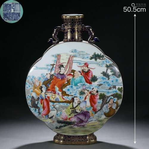 A Chinese Famille Rose and Gilt Immortals Moon Flask
