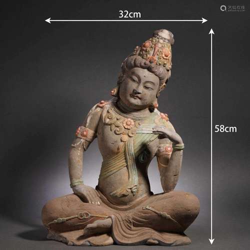 A Polychrome Painted Carved Marble Seated Bodhisattva