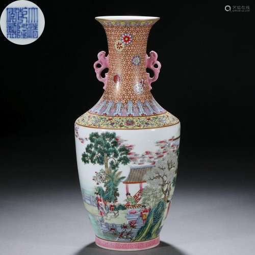A Chinese Famille Rose and Gilt Figures among Landscape Vase