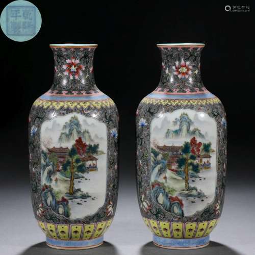 Pair Chinese Famille Rose and Gilt Landscape Vases