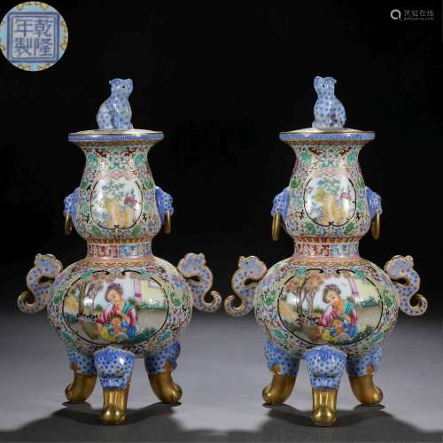 Pair Chinese Falangcai and Gilt Tripod Incense Burners