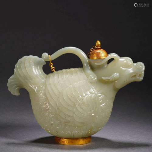 A Chinese Carved Celadon Jade Mythical Beast Ewer