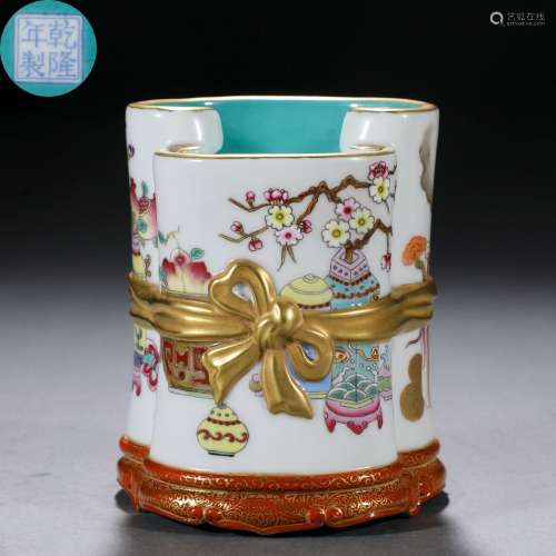 A Chinese Famille Rose and Gilt Ribbon Brushpot