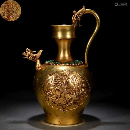 A Chinese Hardstones Inlaid Bronze-gilt Ewer