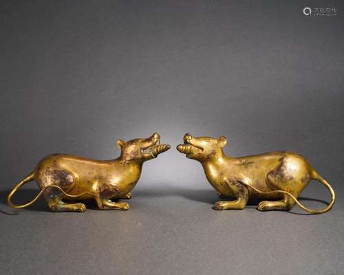 Pair Tibetan Bronze-gilt Mongooses of Jambhala