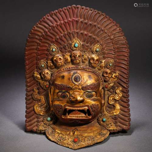 A Tibetan Hardstones Inlaid Bronze Head of Wrathful Deity
