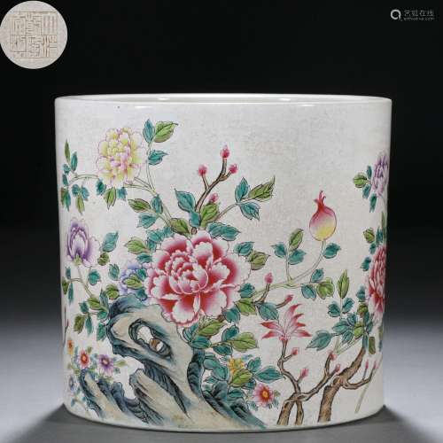 A Chinese Famille Rose Peony Brushpot