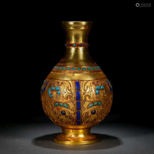 A Chinese Hardstones Inlaid Bronze-gilt Vase