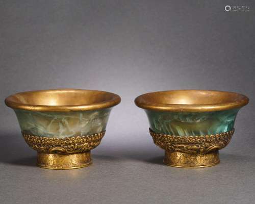 Pair Tibetan Bronze-gilt Mounted Bowls