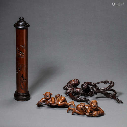 A SET OF CHINESE QING DYNASTY WOOD CARVING STUDY ORNAMENTS